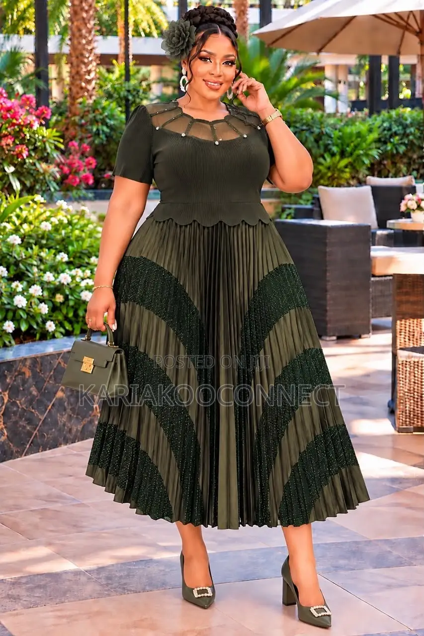 Pleated Maxi Dress With Sheer Neckline
