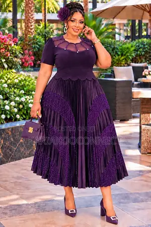 Pleated Maxi Dress With Sheer Neckline