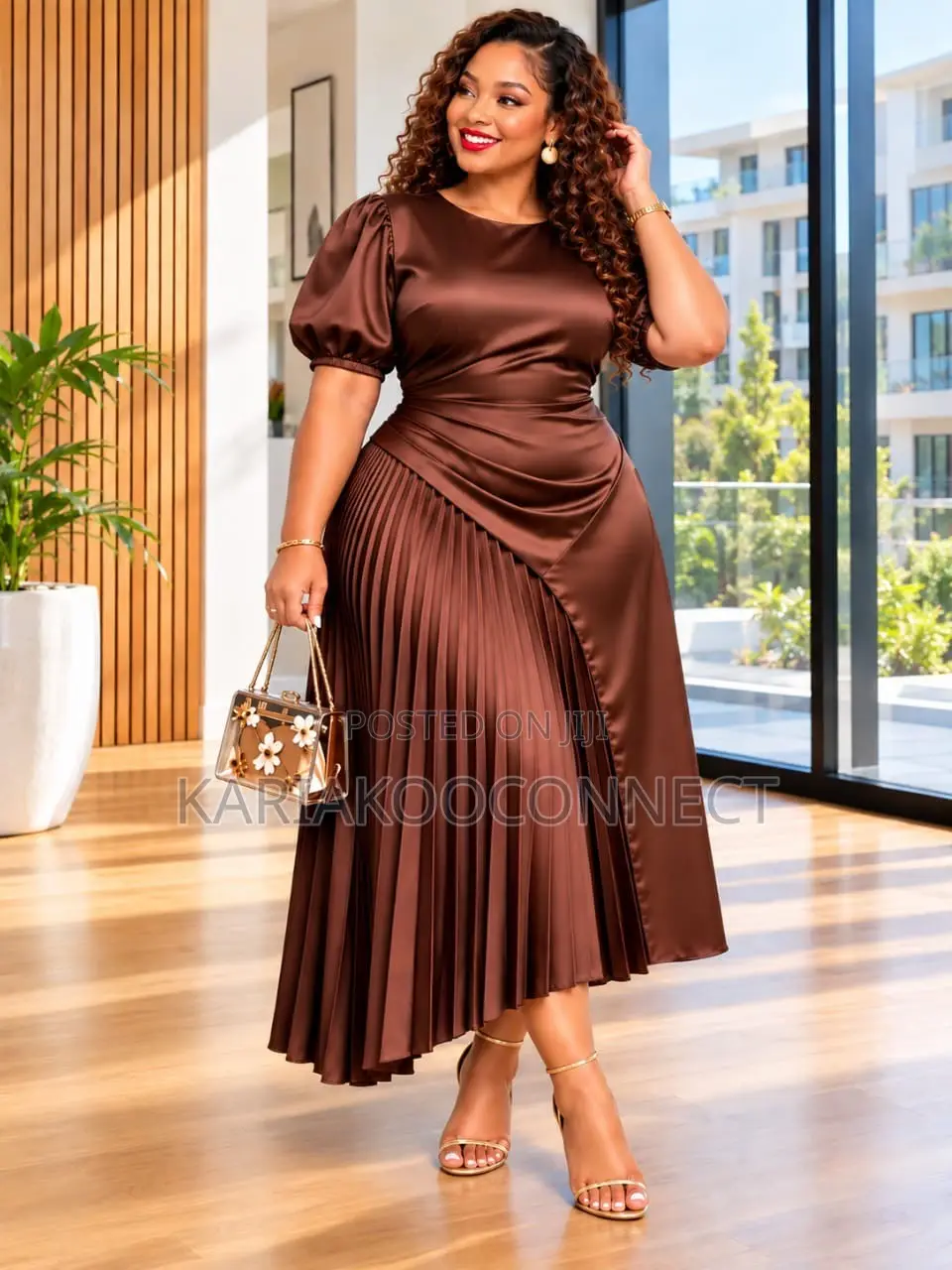 Satin-Look Midi Dress With Puff Sleeves and Pleated Skirt