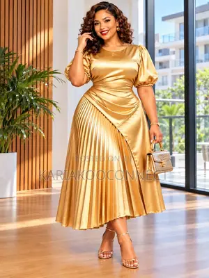 Satin-Look Midi Dress With Puff Sleeves and Pleated Skirt