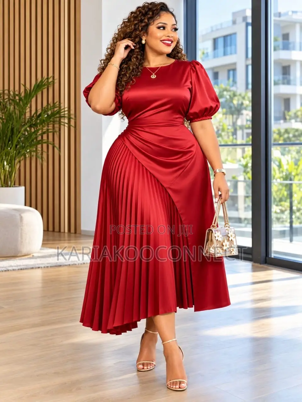 Satin-Look Midi Dress With Puff Sleeves and Pleated Skirt
