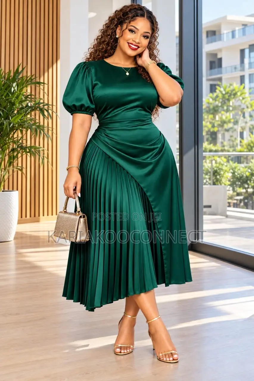 Satin-Look Midi Dress With Puff Sleeves and Pleated Skirt