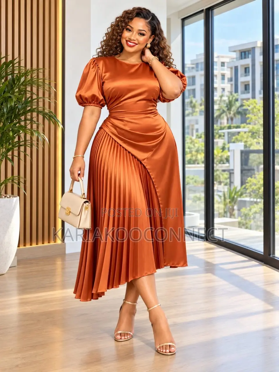Satin-Look Midi Dress With Puff Sleeves and Pleated Skirt