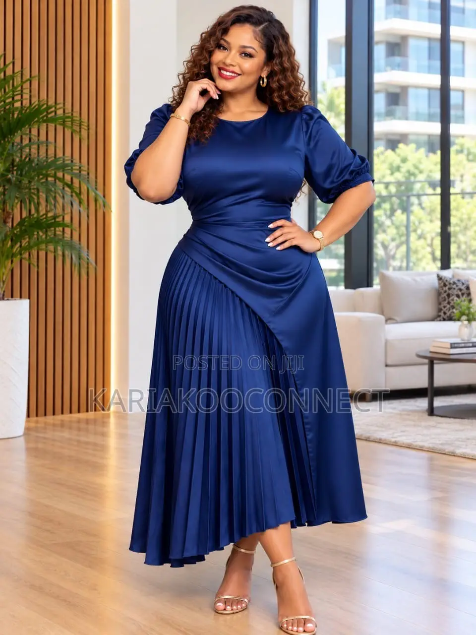 Satin-Look Midi Dress With Puff Sleeves and Pleated Skirt