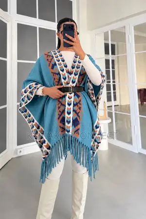 Fringed Poncho With Patterned Trim