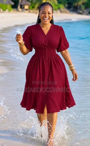 Button-Front Midi Dress With Puff Sleeves