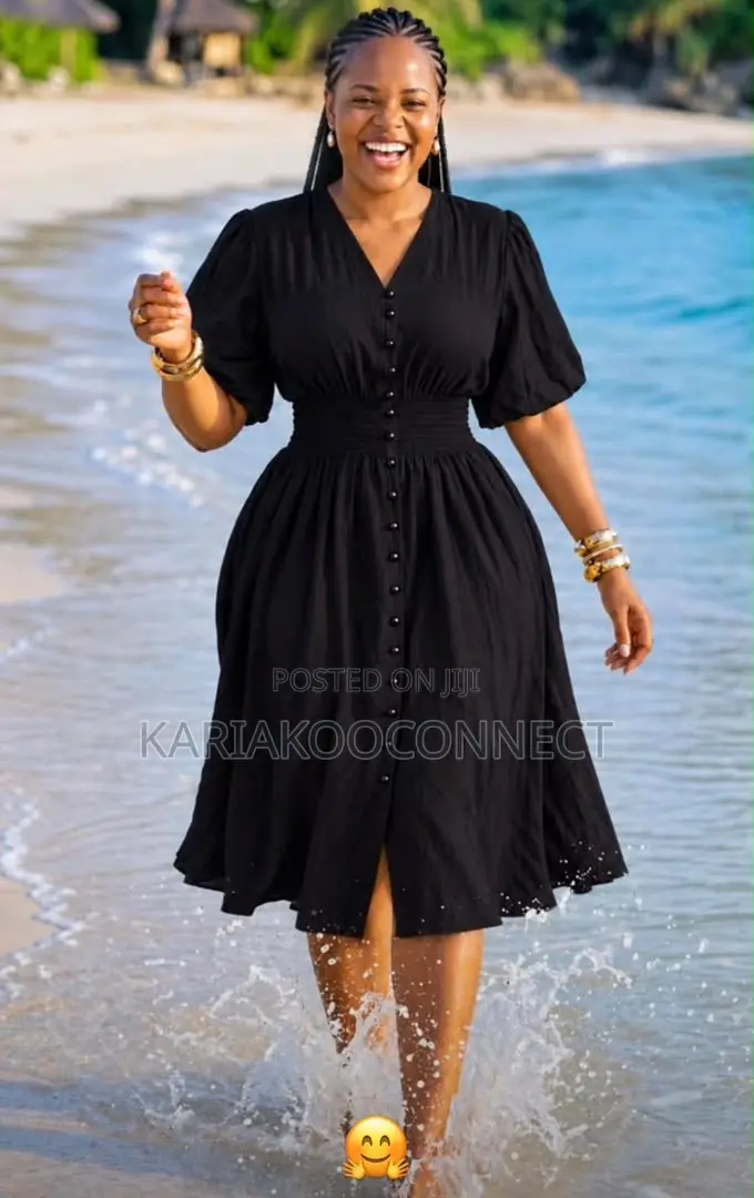 Button-Front Midi Dress With Puff Sleeves