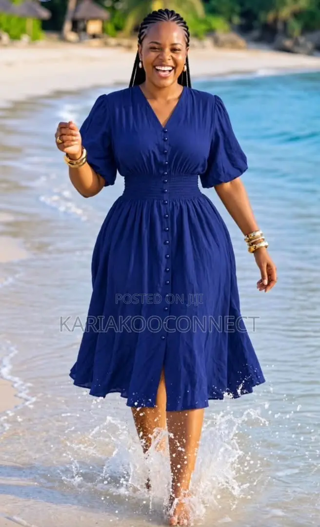 Button-Front Midi Dress With Puff Sleeves