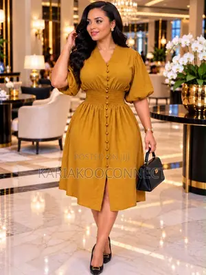 Button-Front Midi Dress With Puff Sleeves