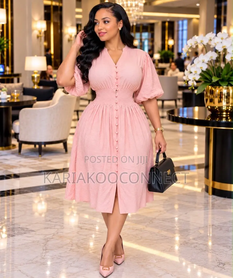 Button-Front Midi Dress With Puff Sleeves