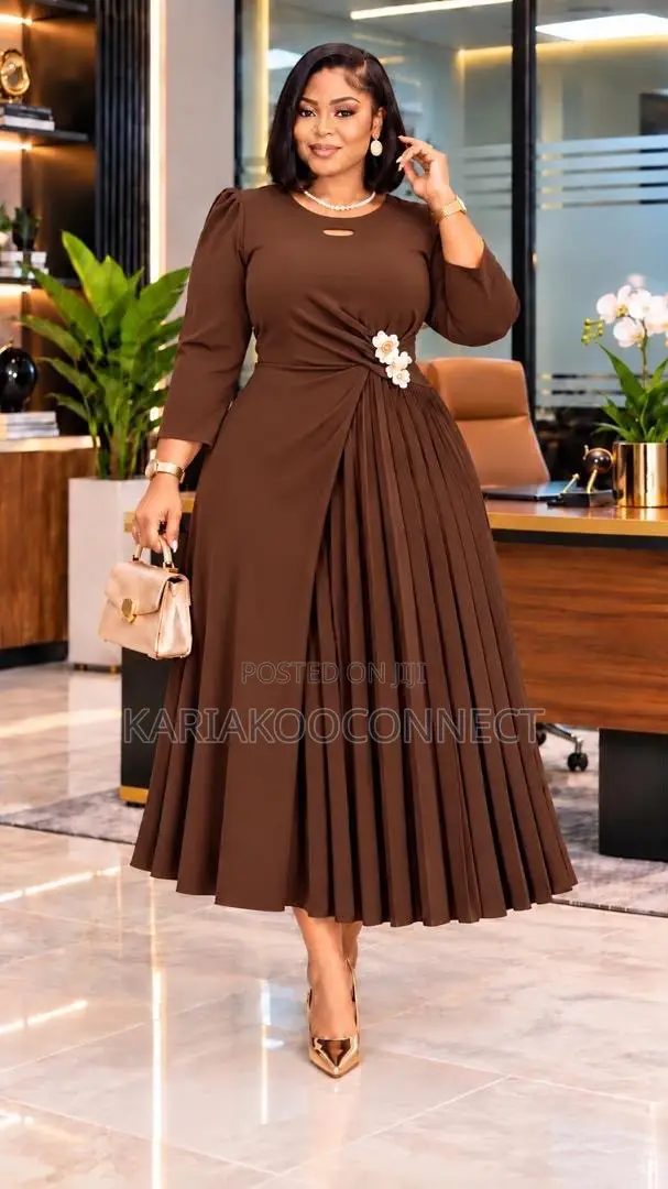 Elegant Pleated Midi Dress With Flower Detail