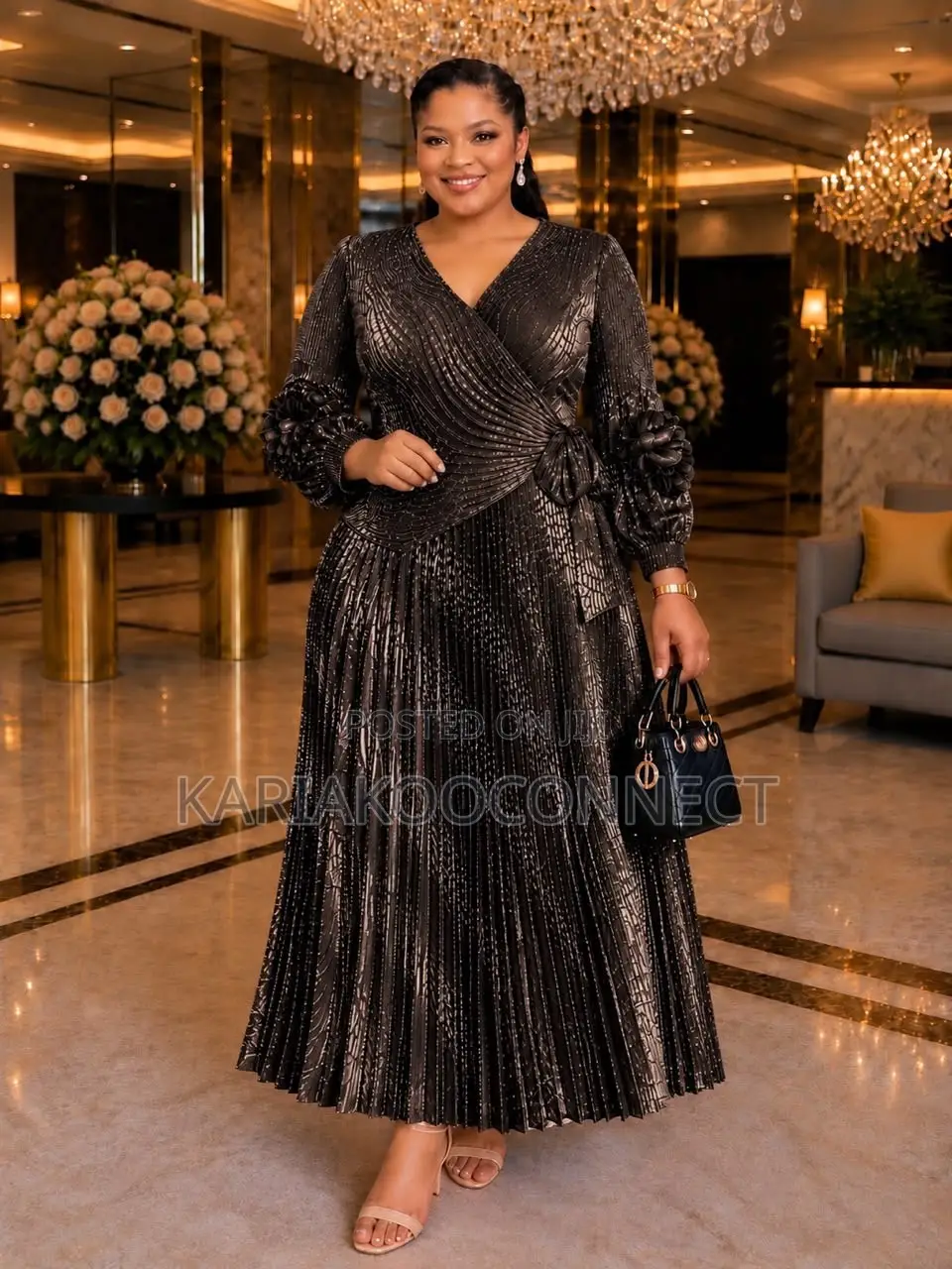 Elegant Metallic Pleated Wrap Maxi Dress
