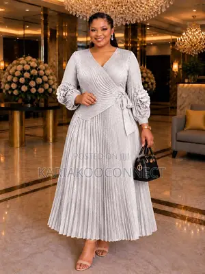 Elegant Metallic Pleated Wrap Maxi Dress