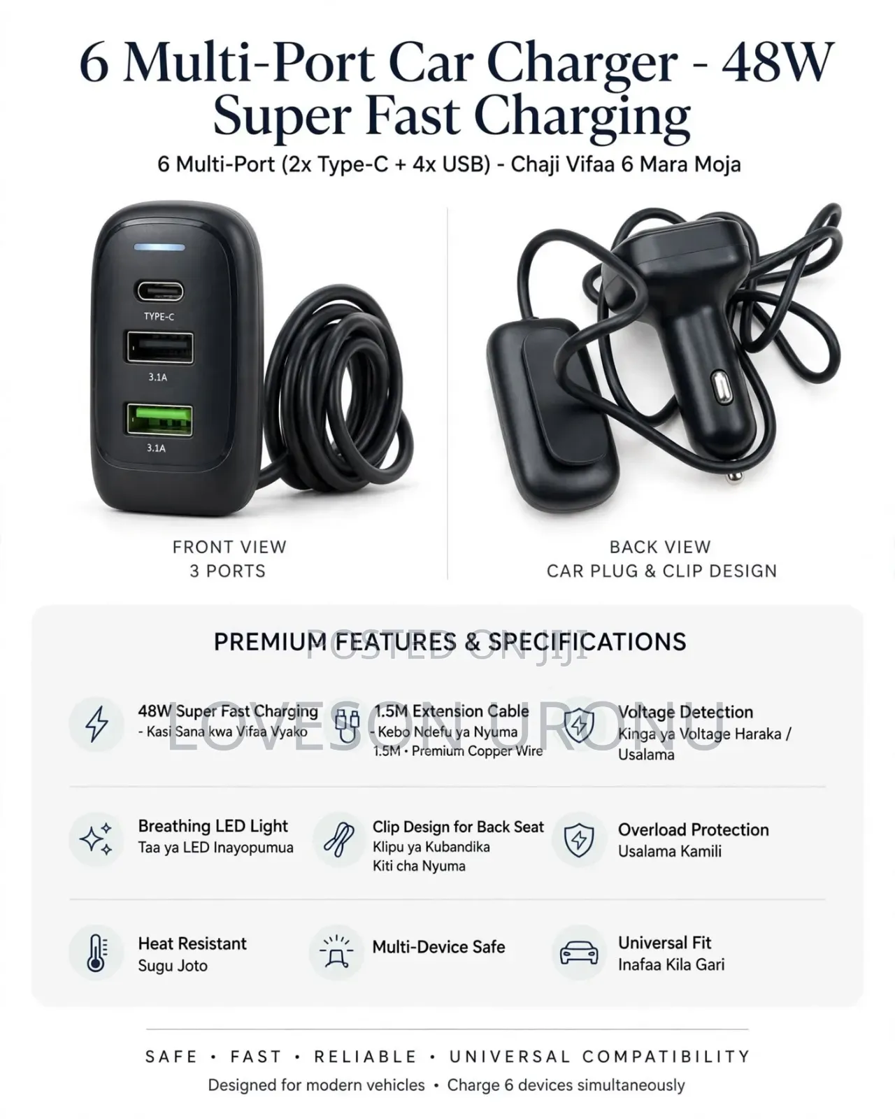Car USB Charger 48watts With 6 Ports