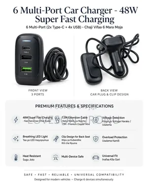 Car USB Charger 48watts With 6 Ports