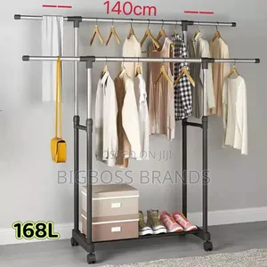 Double-Pole Clothing Hanging Rack Wheels and Shoe/Storage Shelf