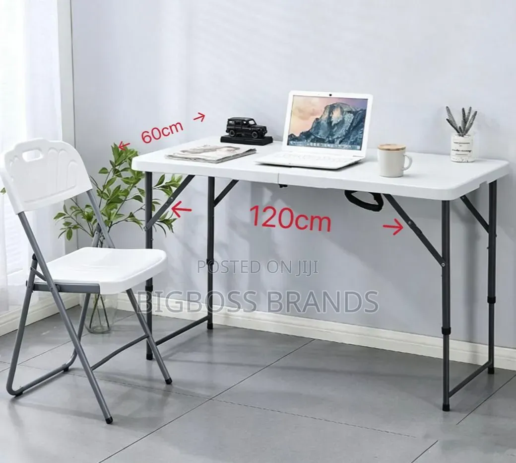Portable Folding Desk 120cm × 60cm Paired With White Folding Chair