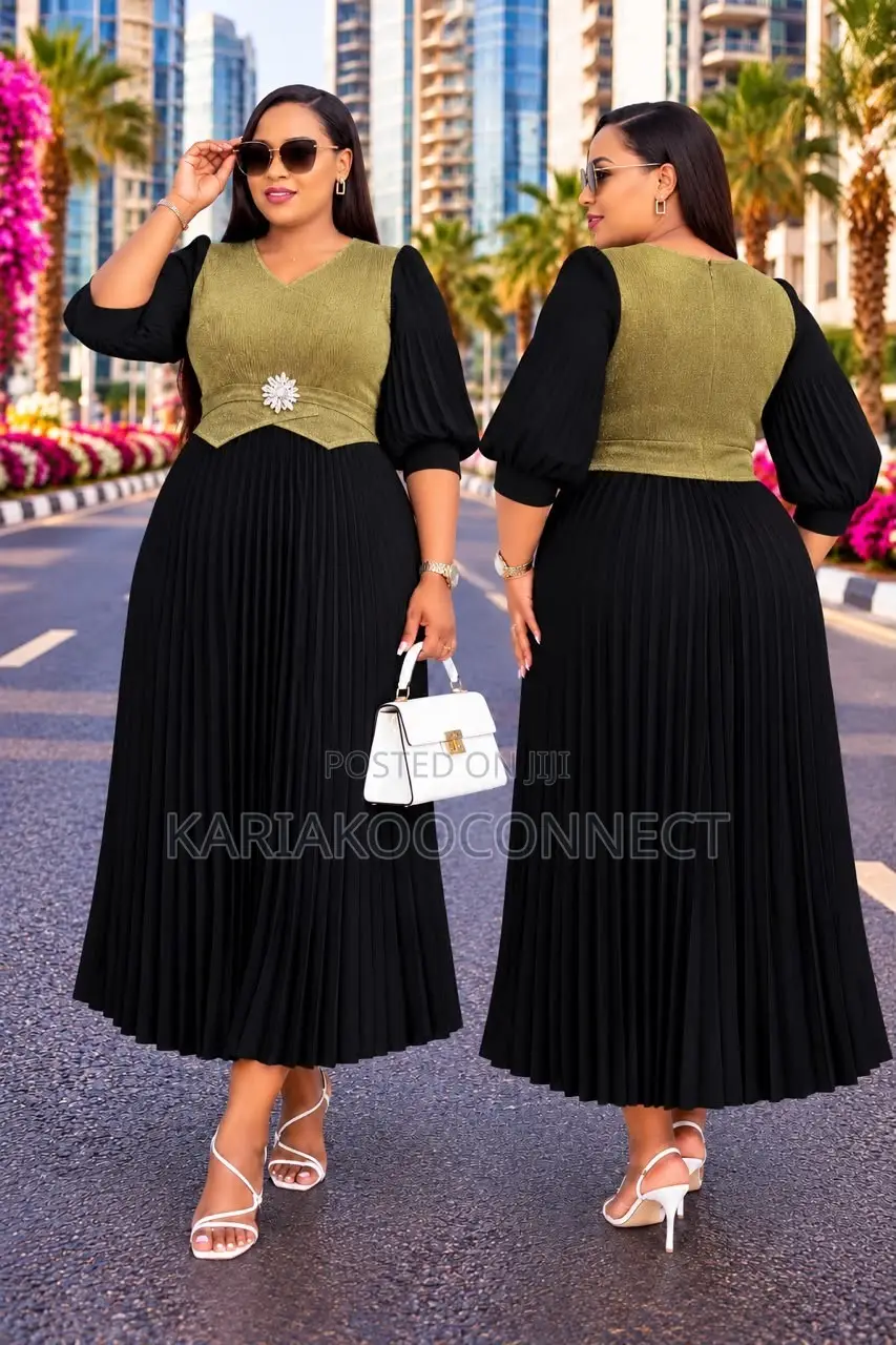 Elegant Pleated Maxi Dress With Puff Sleeves