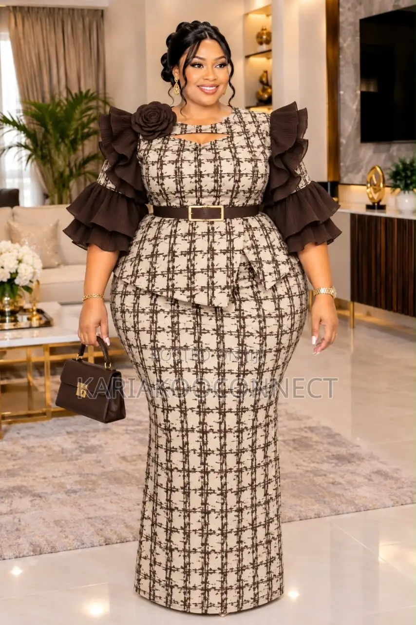 Elegant Plaid Ruffle-Sleeve Top & Skirt Set