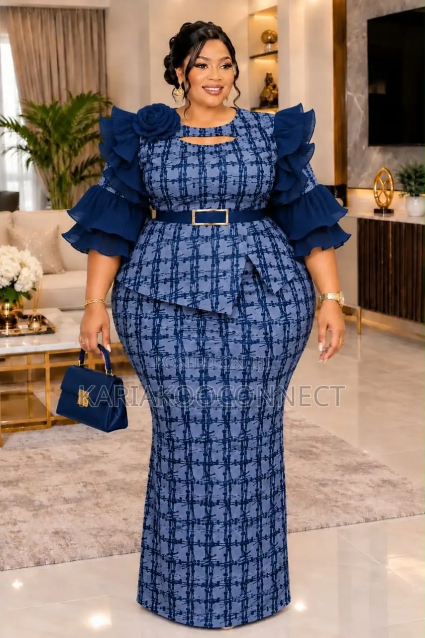 Elegant Plaid Ruffle-Sleeve Top & Skirt Set