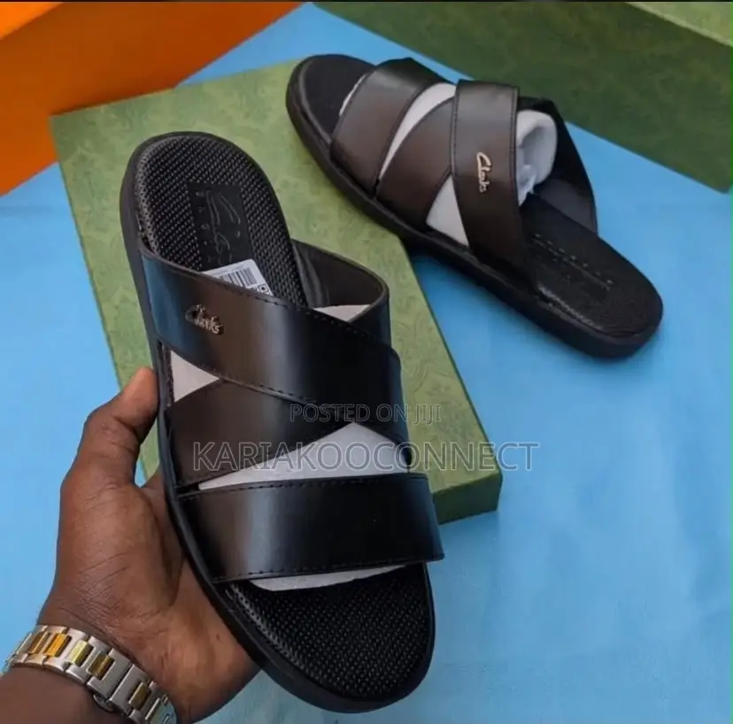 Men's Black Leather-Look Crossover Slide Sandals
