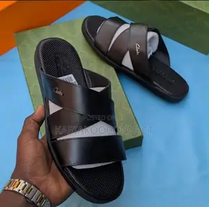Men's Black Leather-Look Crossover Slide Sandals