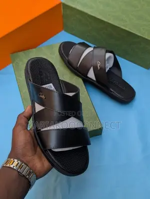 Men's Black Leather-Look Crossover Slide Sandals