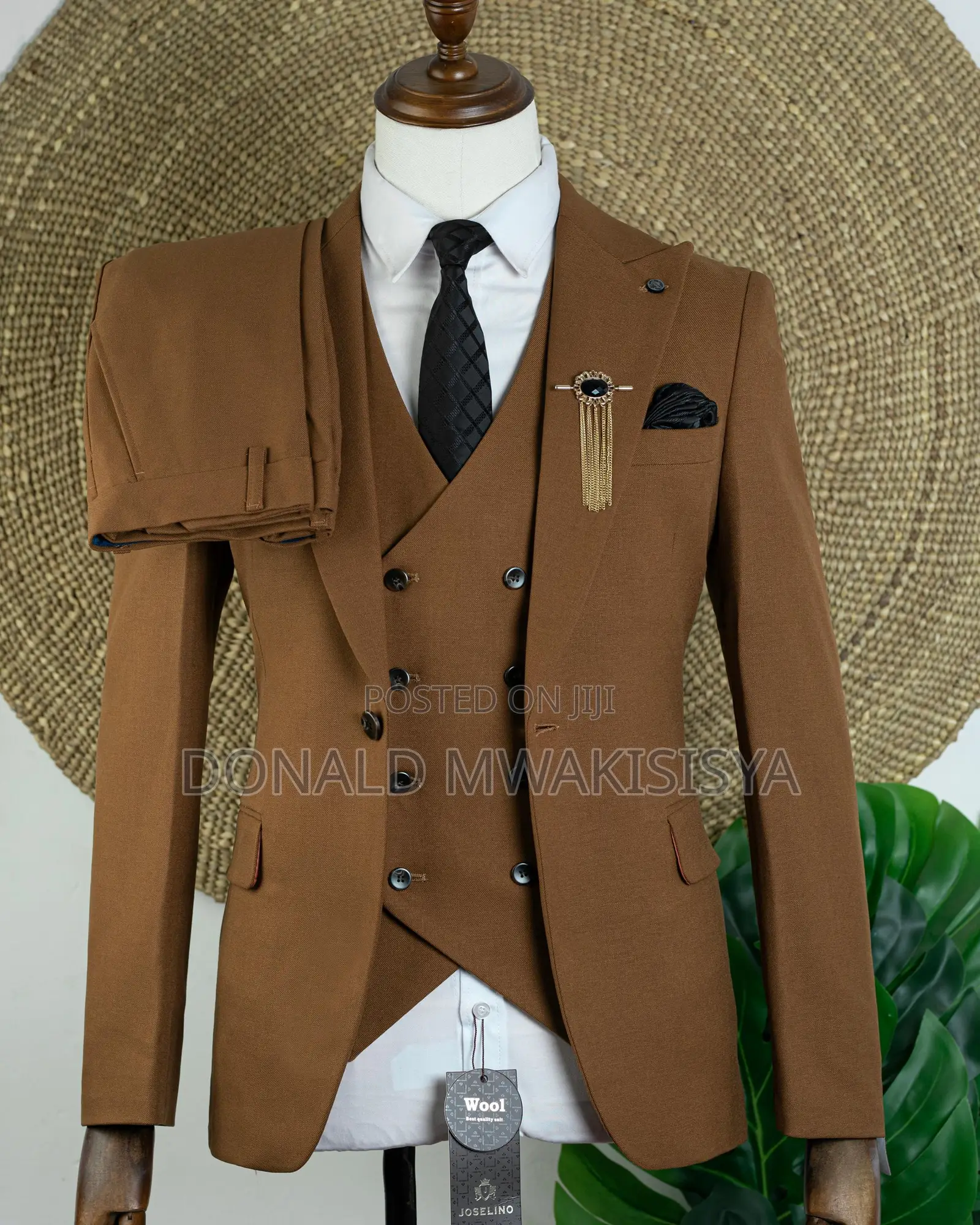 3-Piece Premium Wool Suit - Caramel Brown