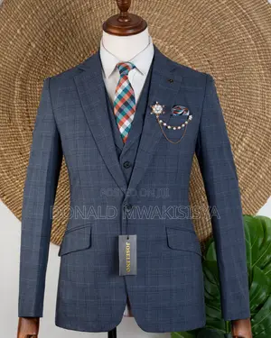 3-Piece Check Suit - Dark Grey / Blue Grey