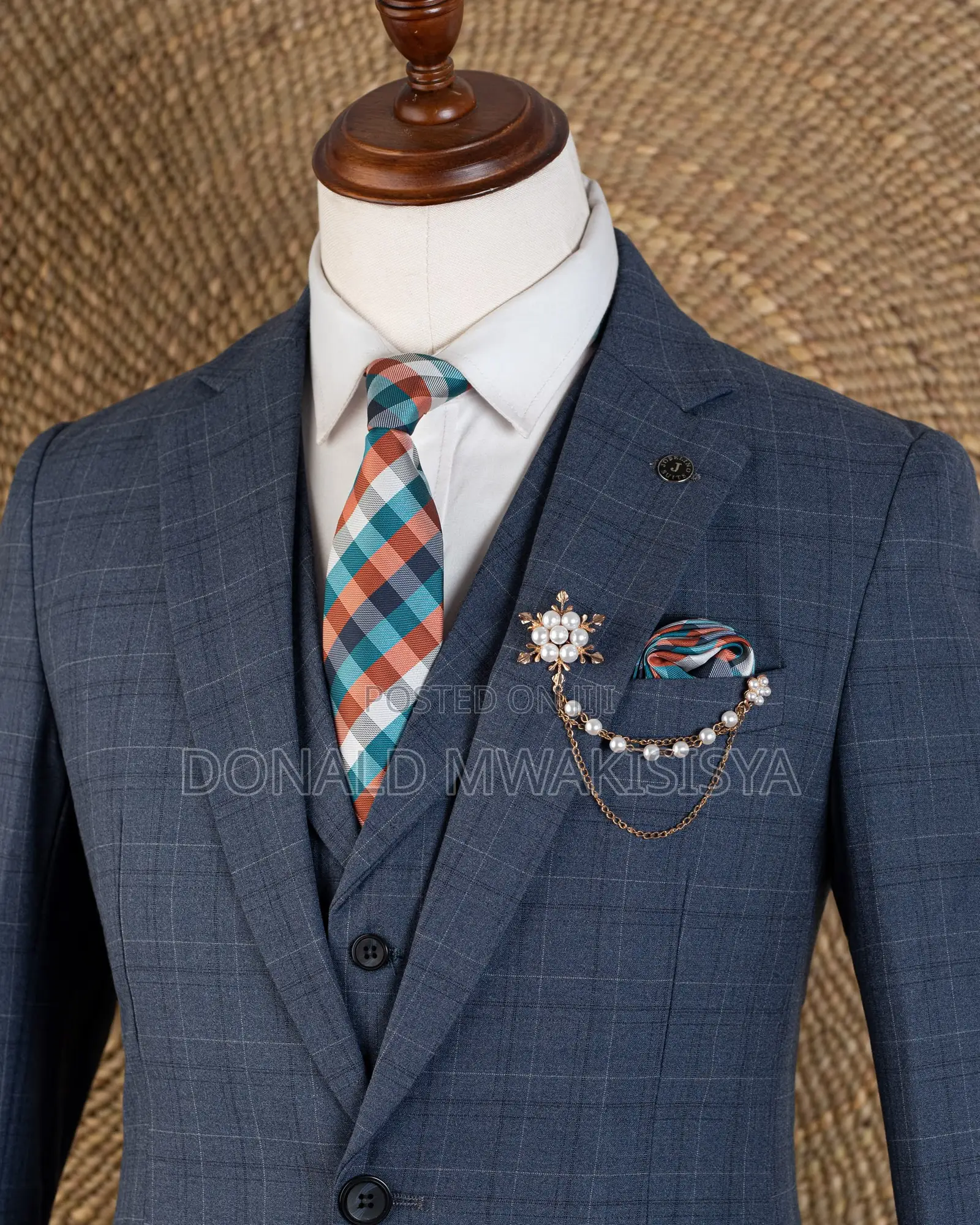 3-Piece Check Suit - Dark Grey / Blue Grey