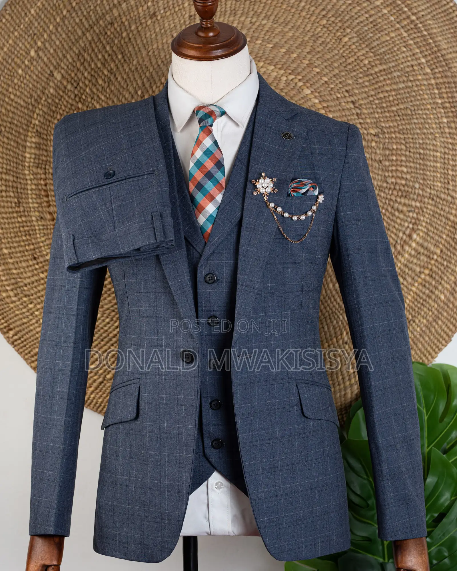 3-Piece Check Suit - Dark Grey / Blue Grey