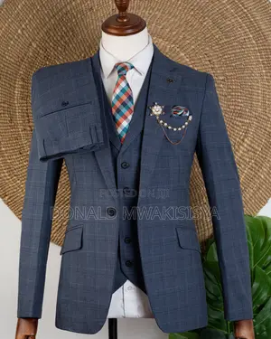 3-Piece Check Suit - Dark Grey / Blue Grey