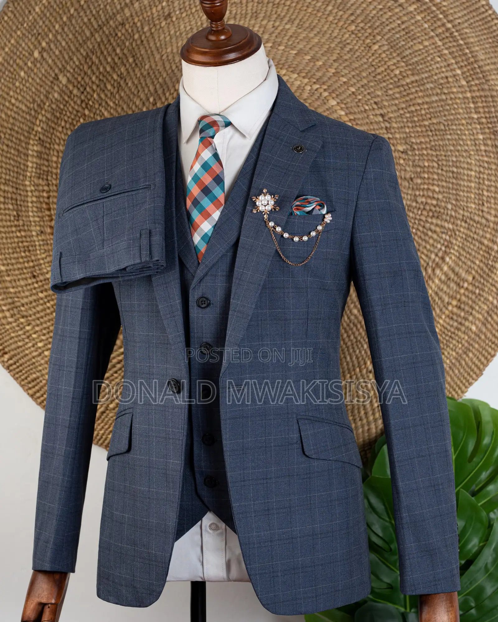 3-Piece Check Suit - Dark Grey / Blue Grey