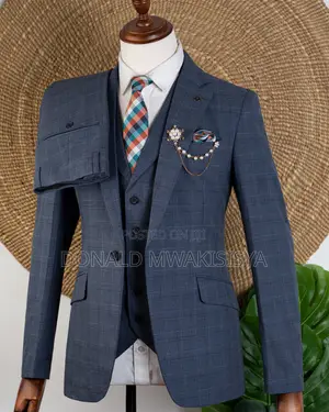 3-Piece Check Suit - Dark Grey / Blue Grey