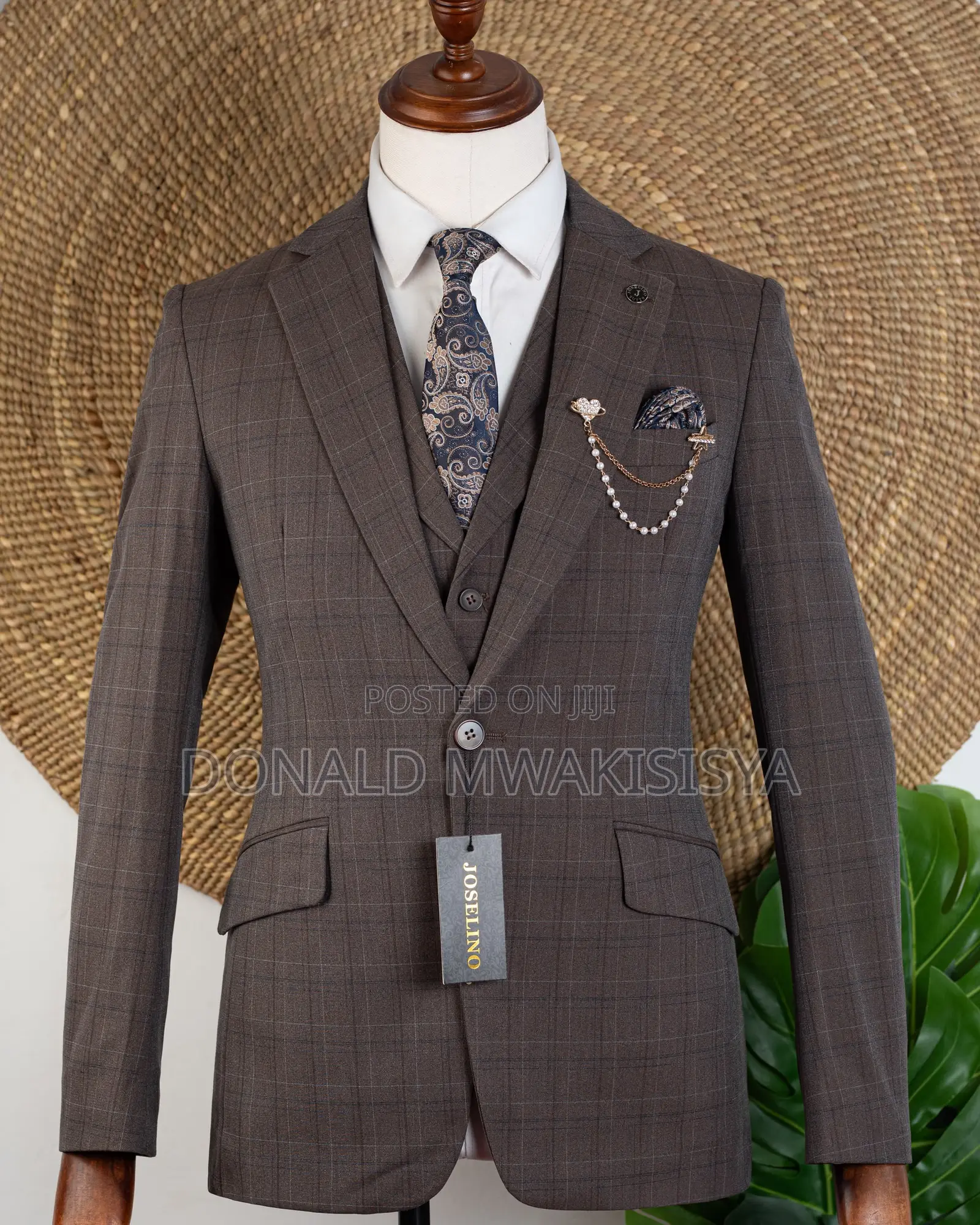 3-Piece Check Suit - Coffee Brown