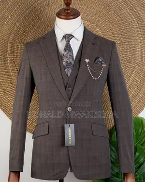 3-Piece Check Suit - Coffee Brown