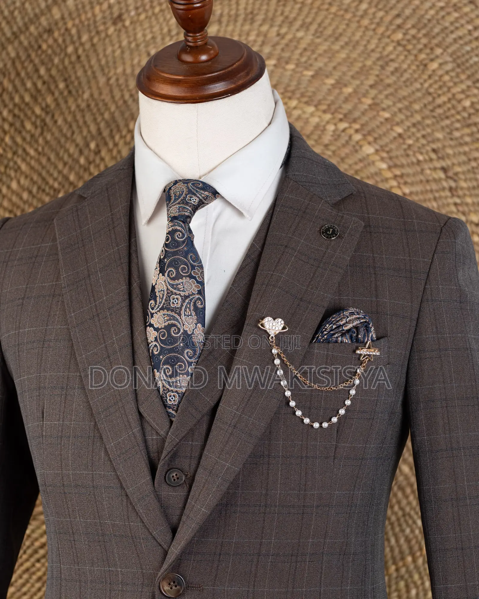 3-Piece Check Suit - Coffee Brown