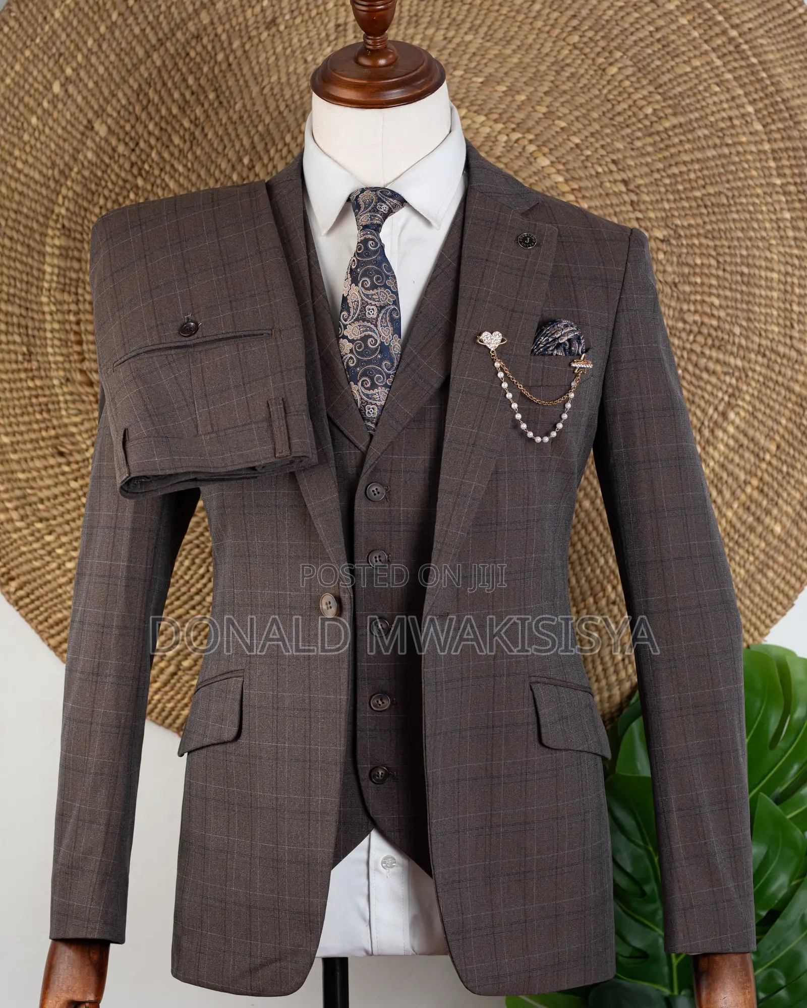 3-Piece Check Suit - Coffee Brown