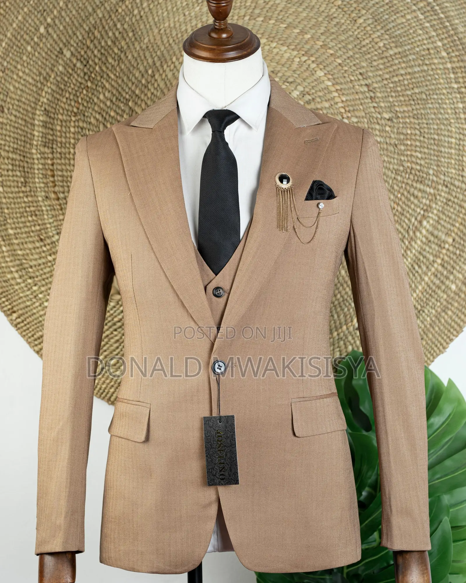 3-Piece Herringbone Suit - Camel Brown / Khaki