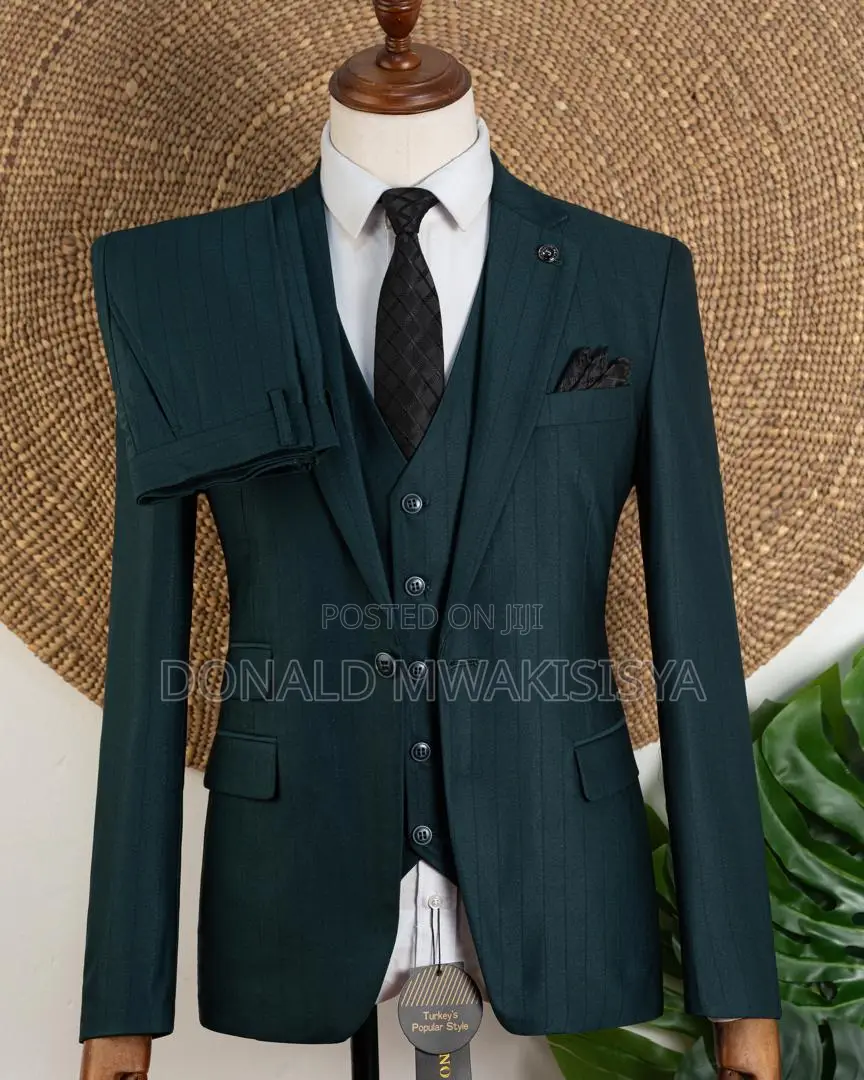 3-Piece Premium Suit - Dark Emerald Green / Bottle Green Pinstripe