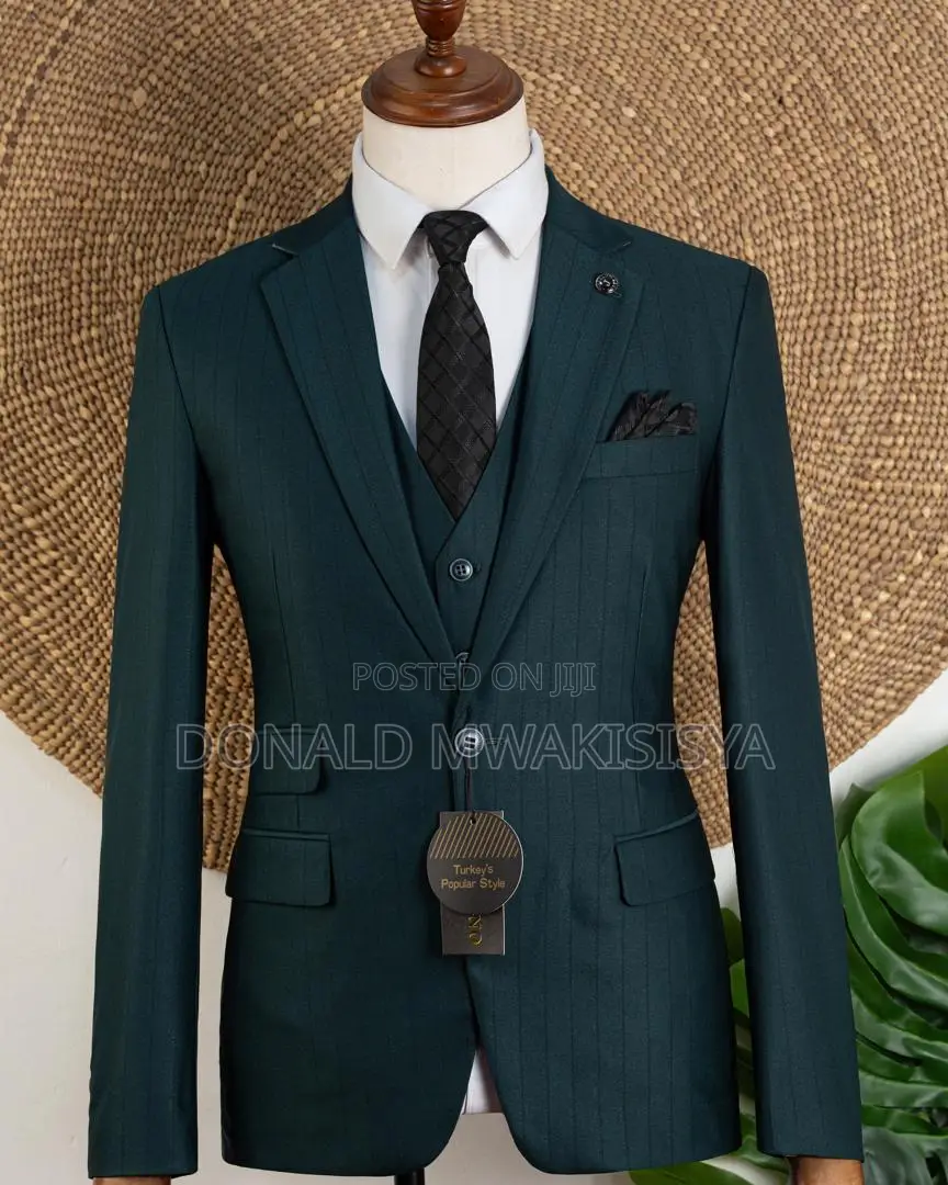 3-Piece Premium Suit - Dark Emerald Green / Bottle Green Pinstripe