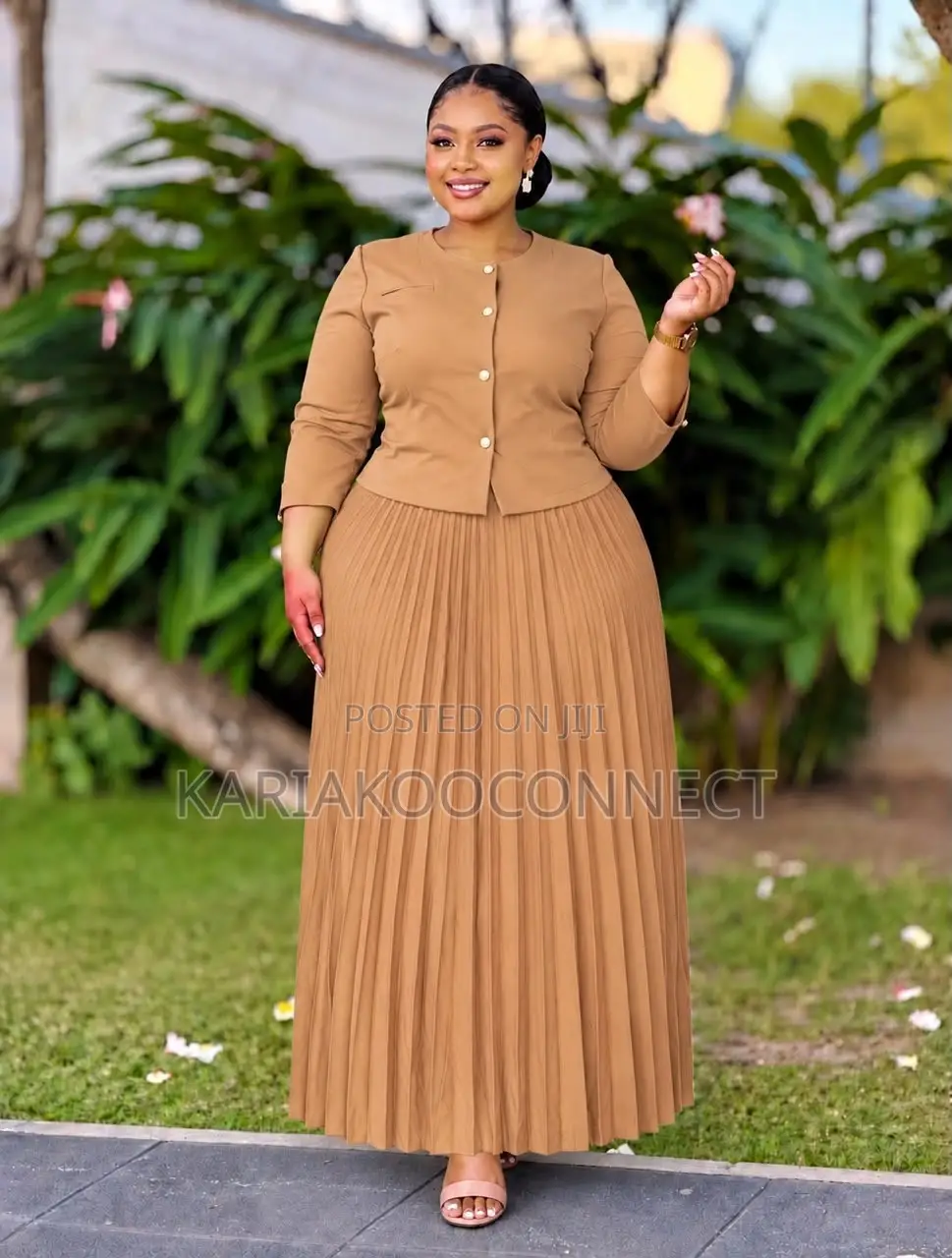 Tan Button Top & Pleated Maxi Skirt Set Description: