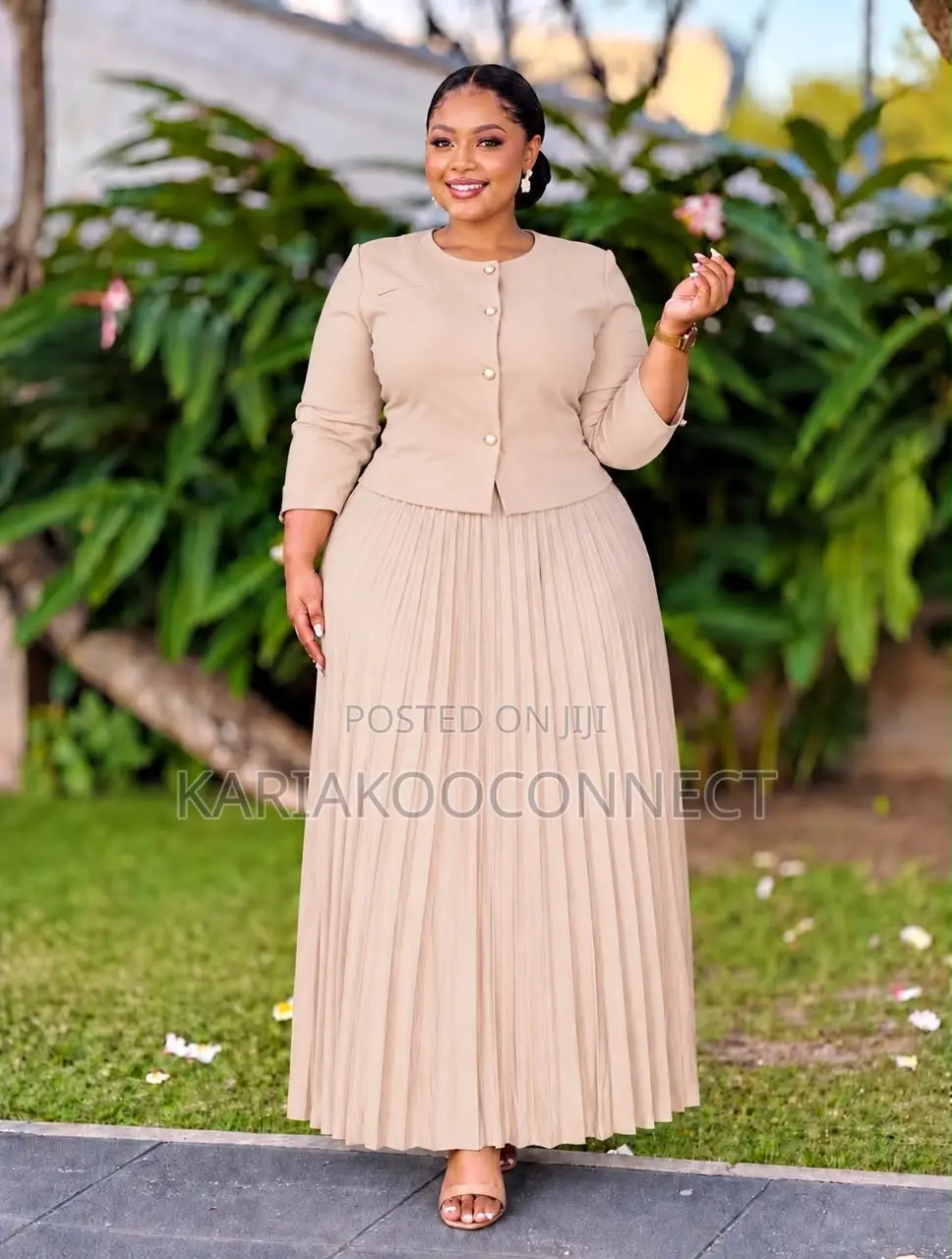 Tan Button Top & Pleated Maxi Skirt Set Description: