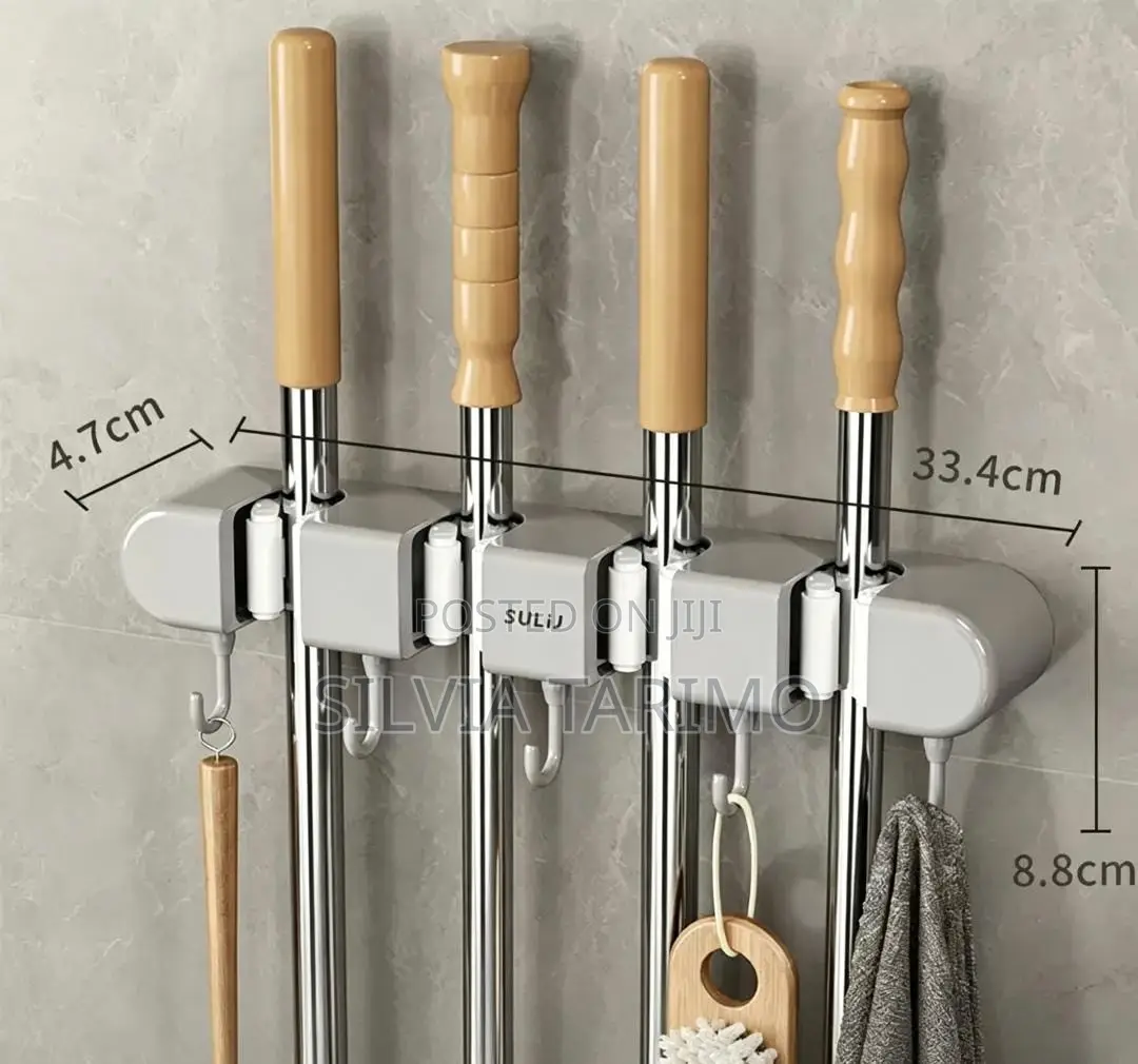 Wall Mounted Mop and Broom Holder With Hooks