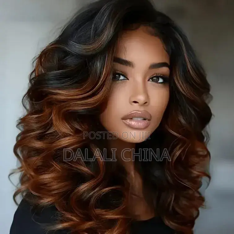 Women's Red-Brown Ombre Parted Short Curly Hair With Large Waves