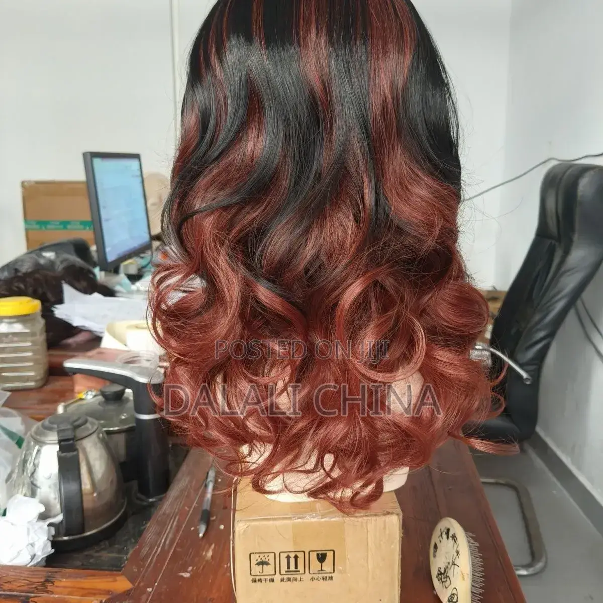 Women's Red-Brown Ombre Parted Short Curly Hair With Large Waves