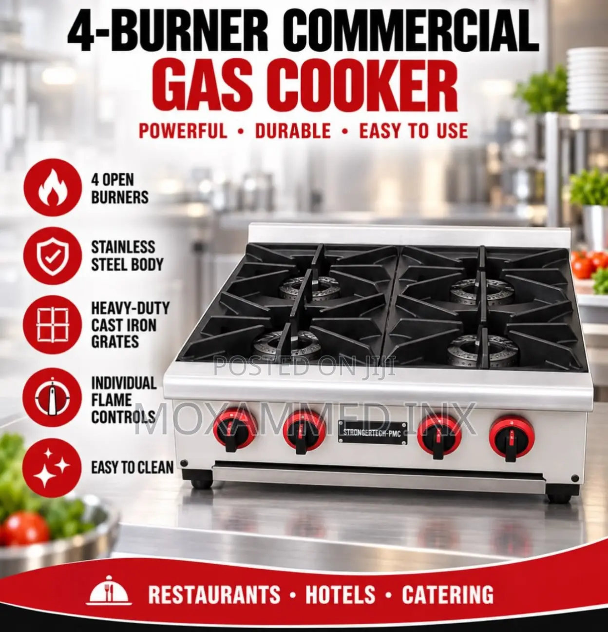 4-Burner Commercial Gas Cooker Designed for Heavy-Duty Kitchen