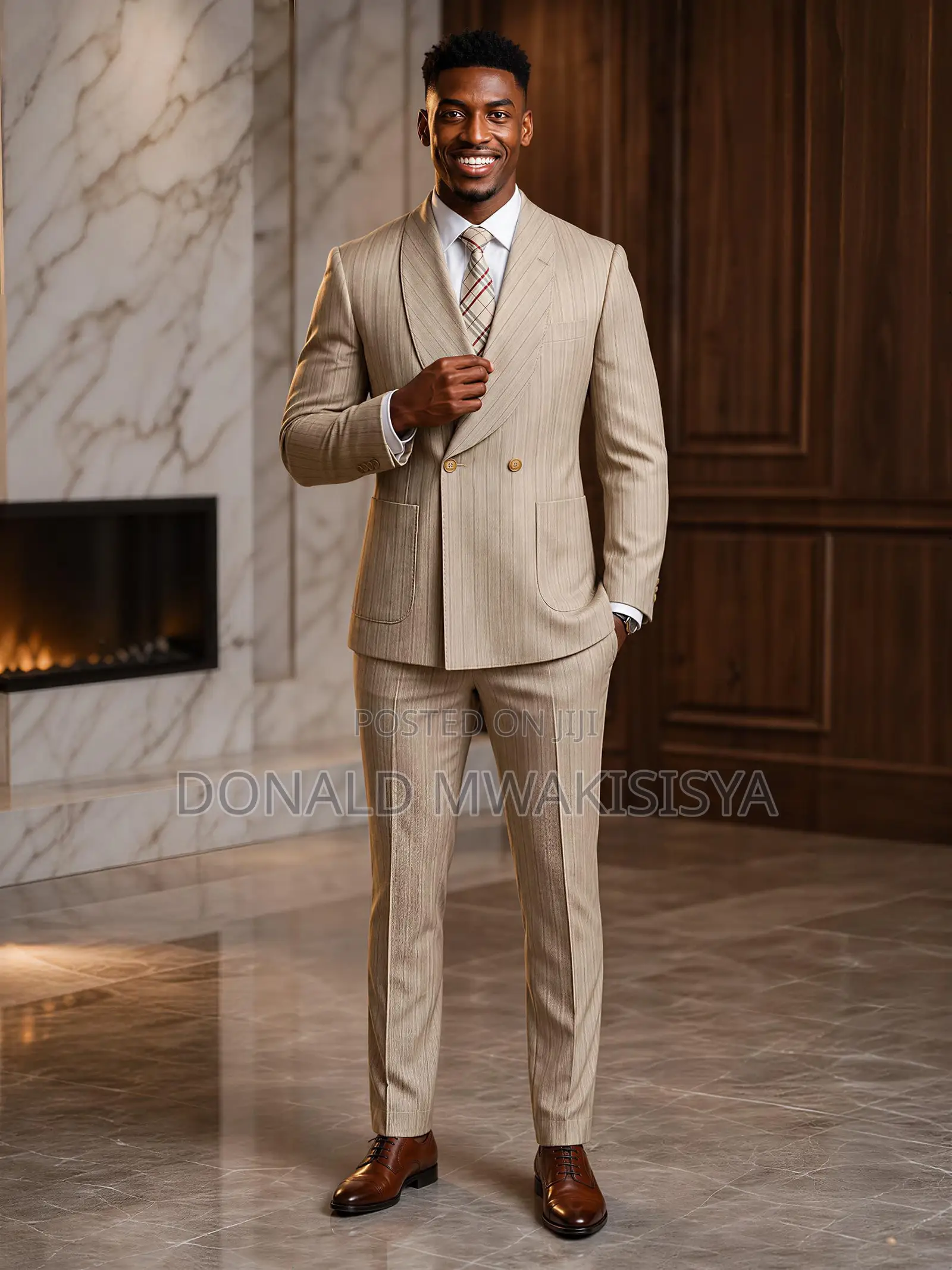 Beige Striped Double Breasted Suit - Old Money Style