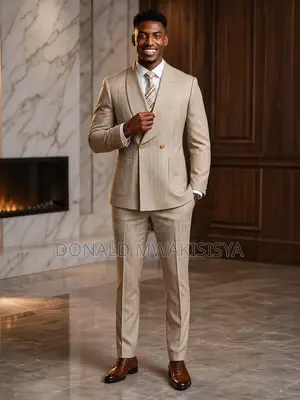 Beige Striped Double Breasted Suit - Old Money Style