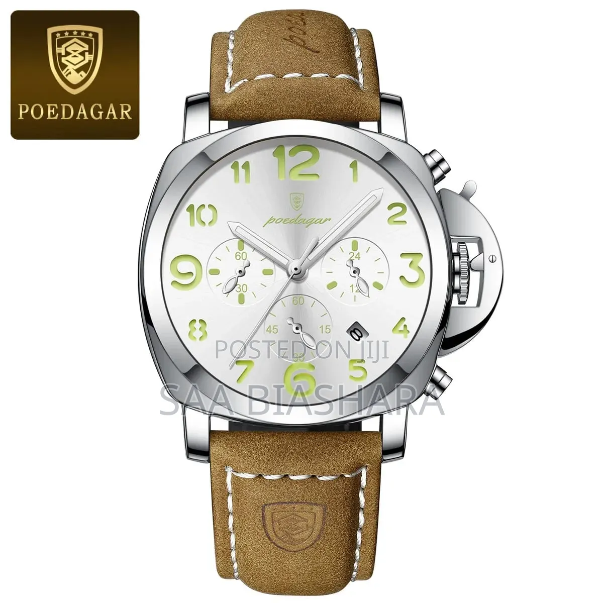 Poedagar Chronograph Watch Leather Strap Brown and Silver White Case